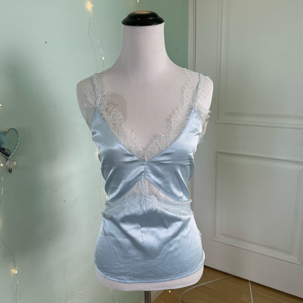Le clair de lune Baby Blue Satin Lacy Tank